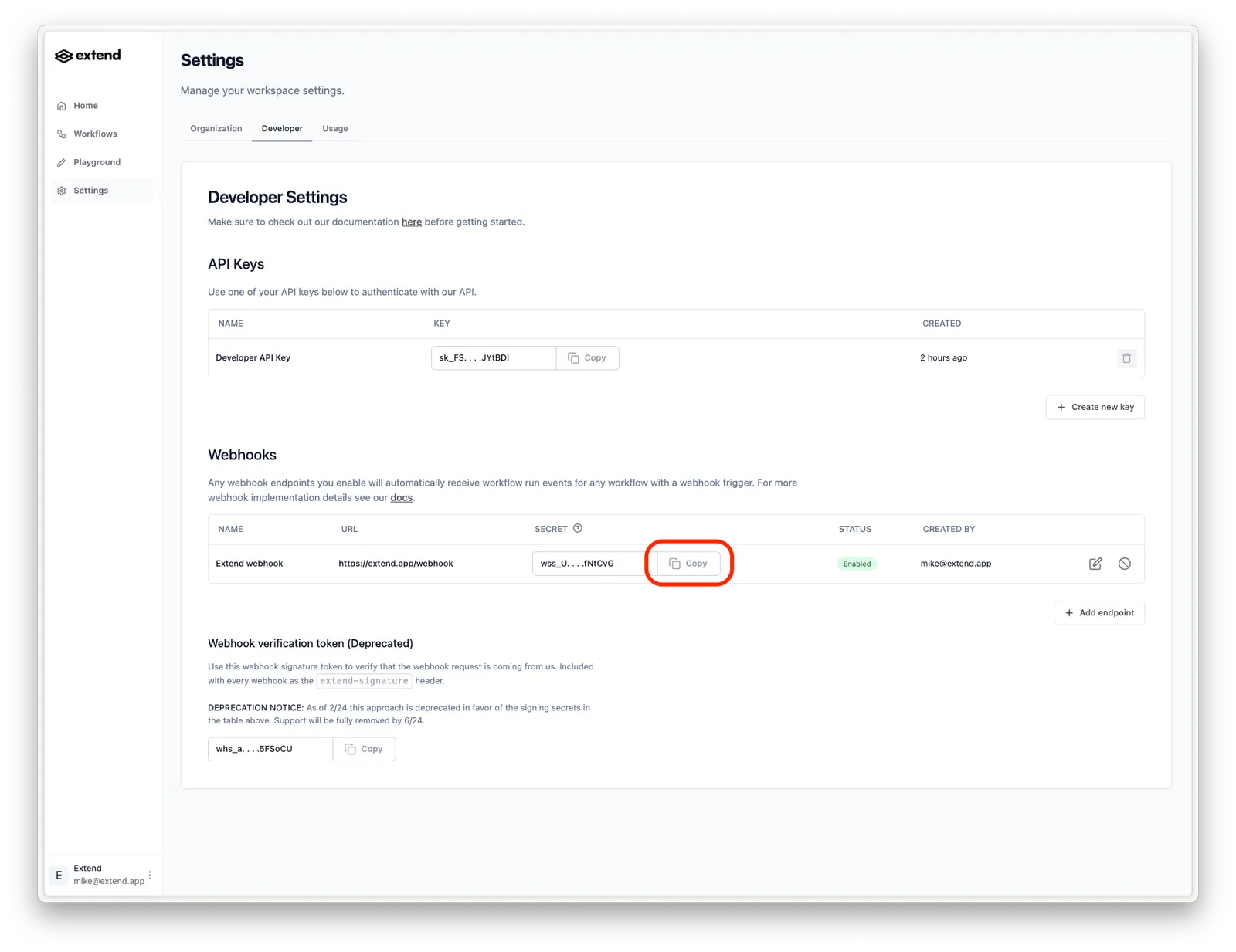 Webhook signing secret shown in endpoint settings