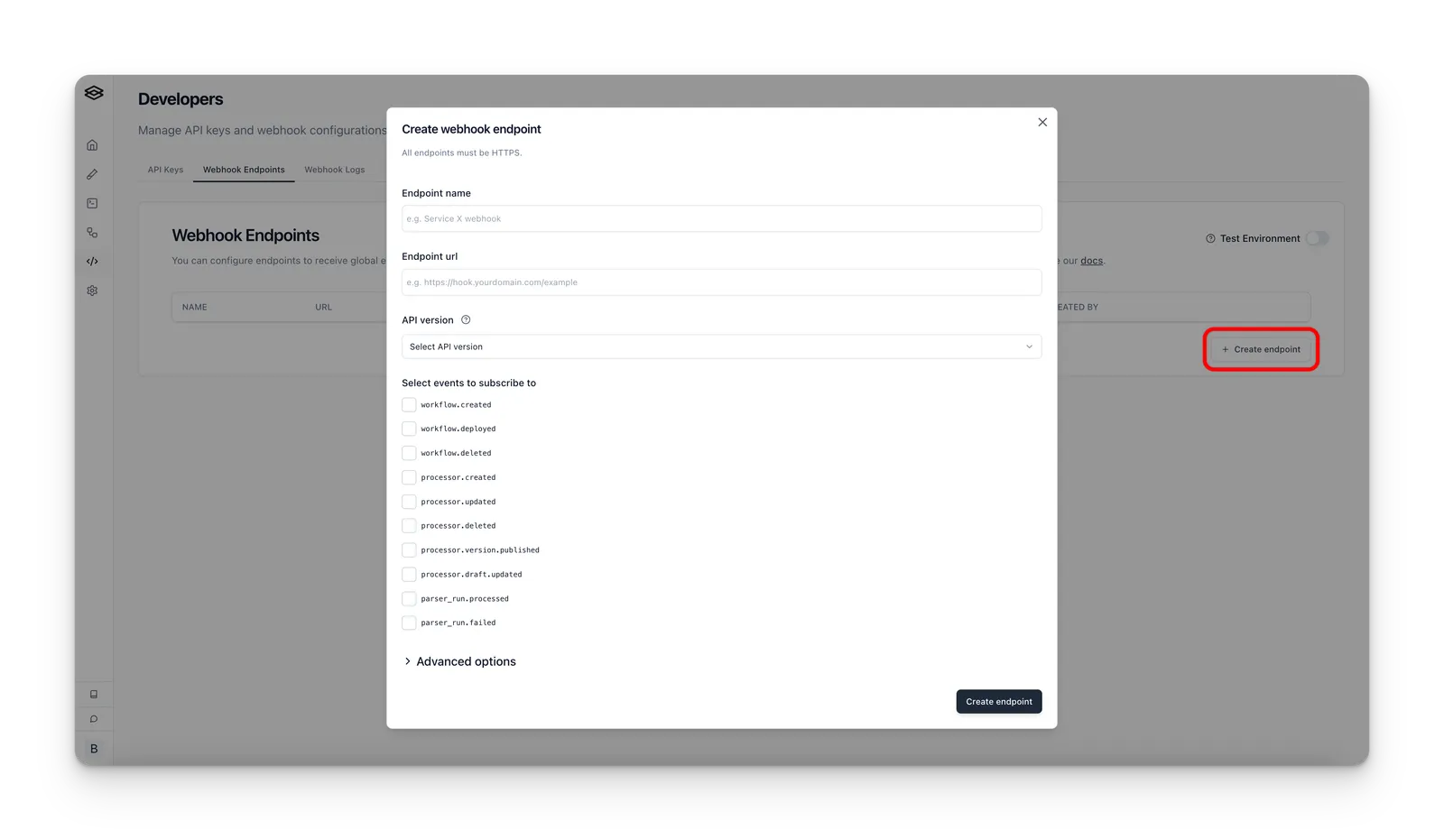 Modal for creating a new webhook endpoint