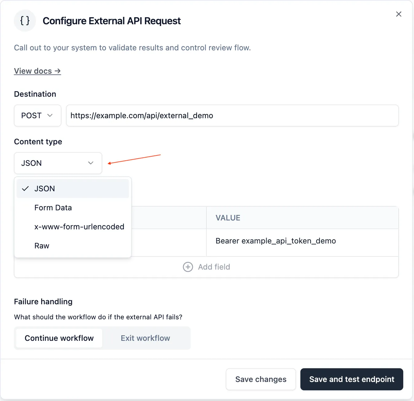 Content type selector for the outgoing validation request