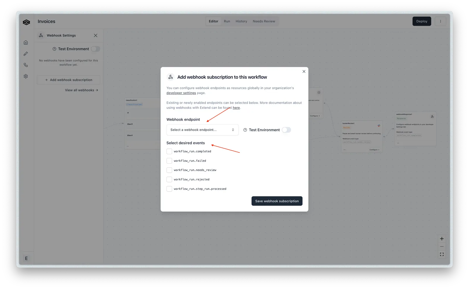 Modal for creating a webhook subscription