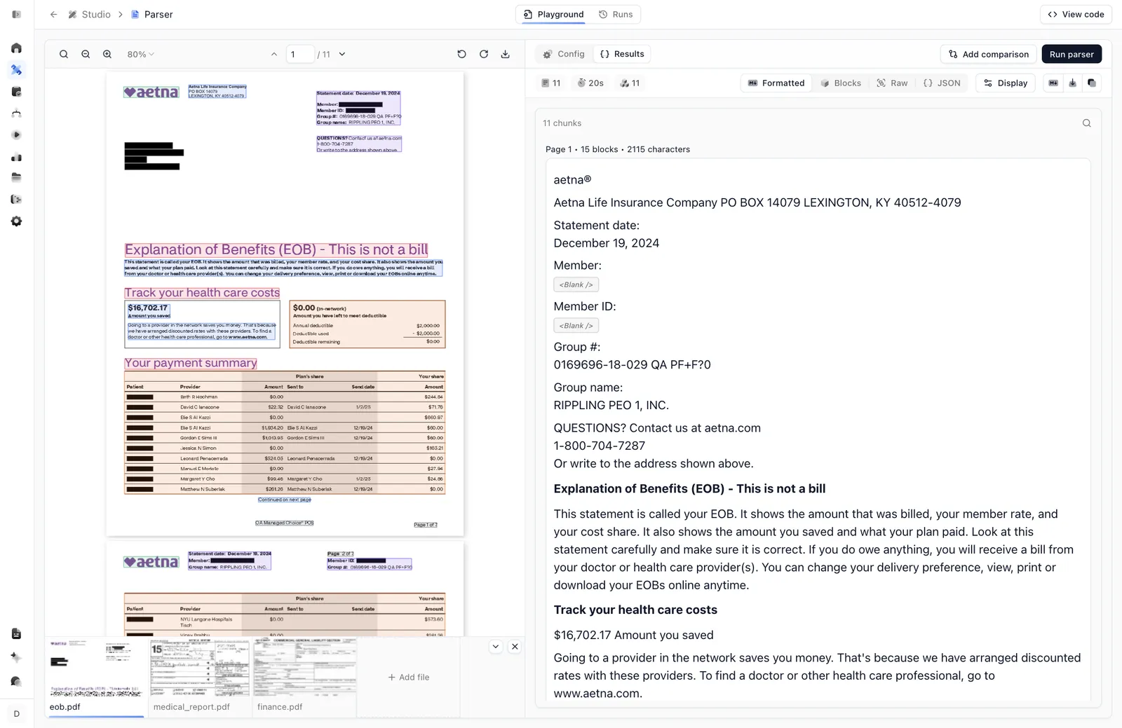 Parse playground showing the EOB document with detected regions beside the formatted markdown output