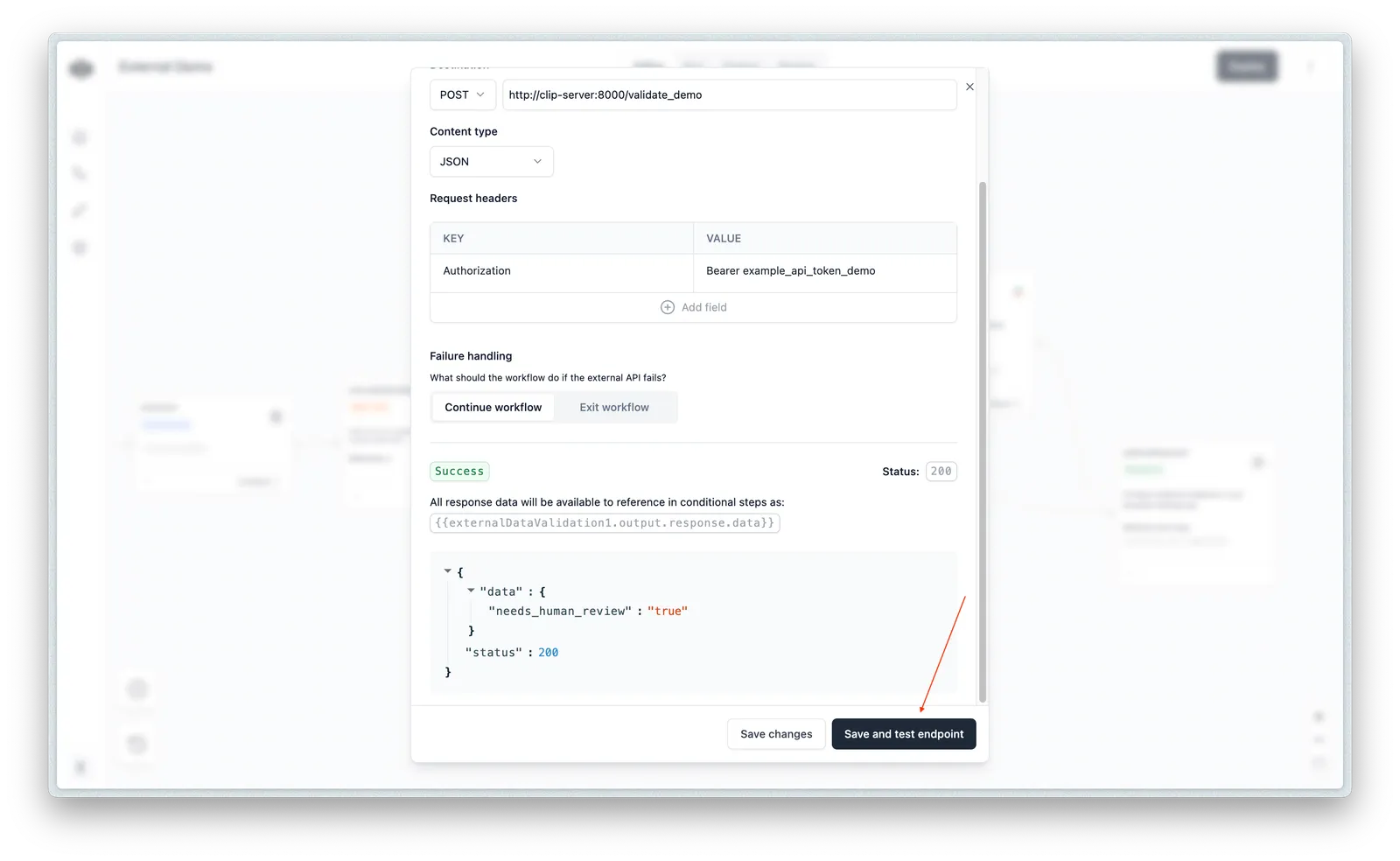 Test endpoint result showing the response status and data