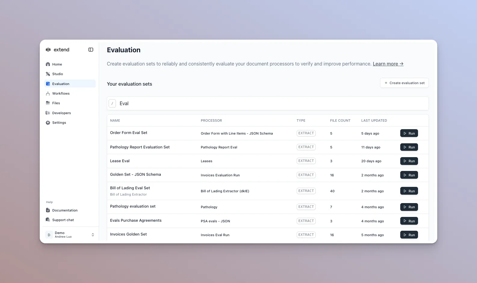 Evaluation page in Extend Studio listing evaluation sets with their processors and latest run accuracy