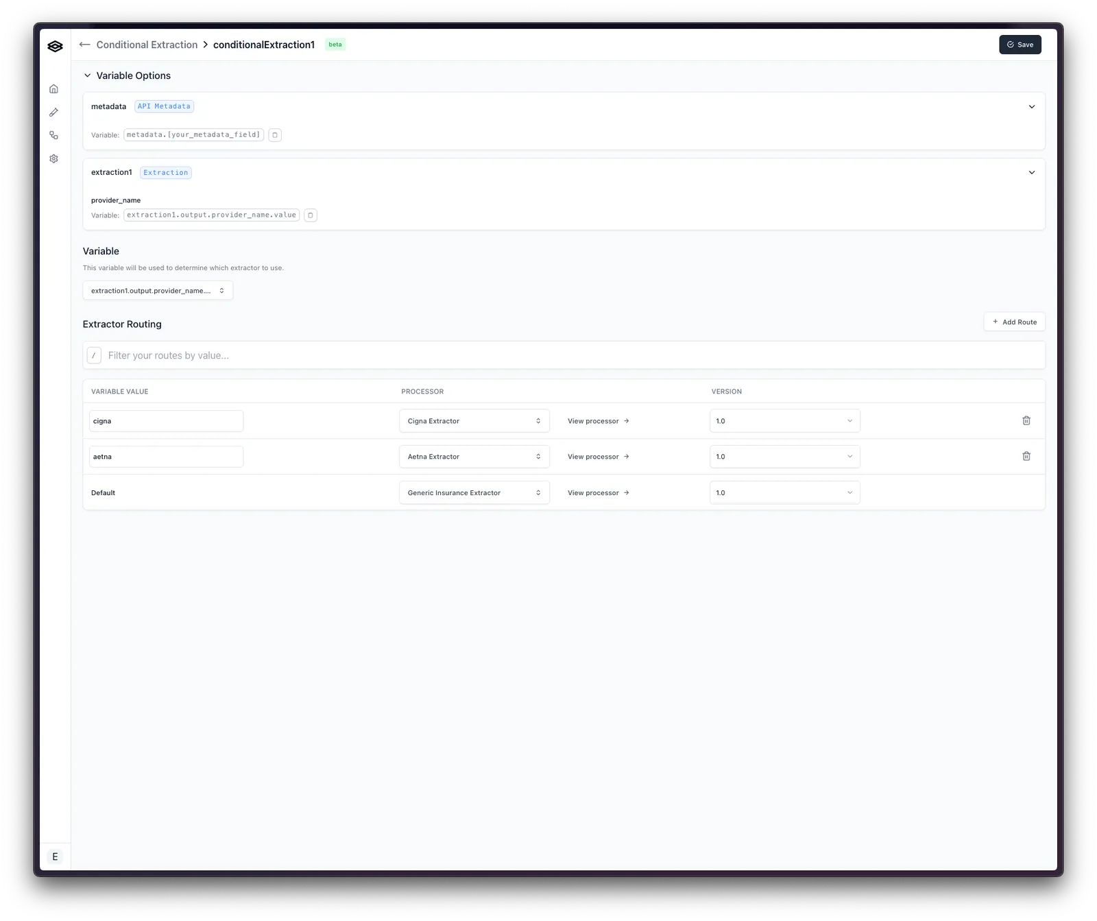 Completed configuration routing on an extracted provider_name value to three extractors
