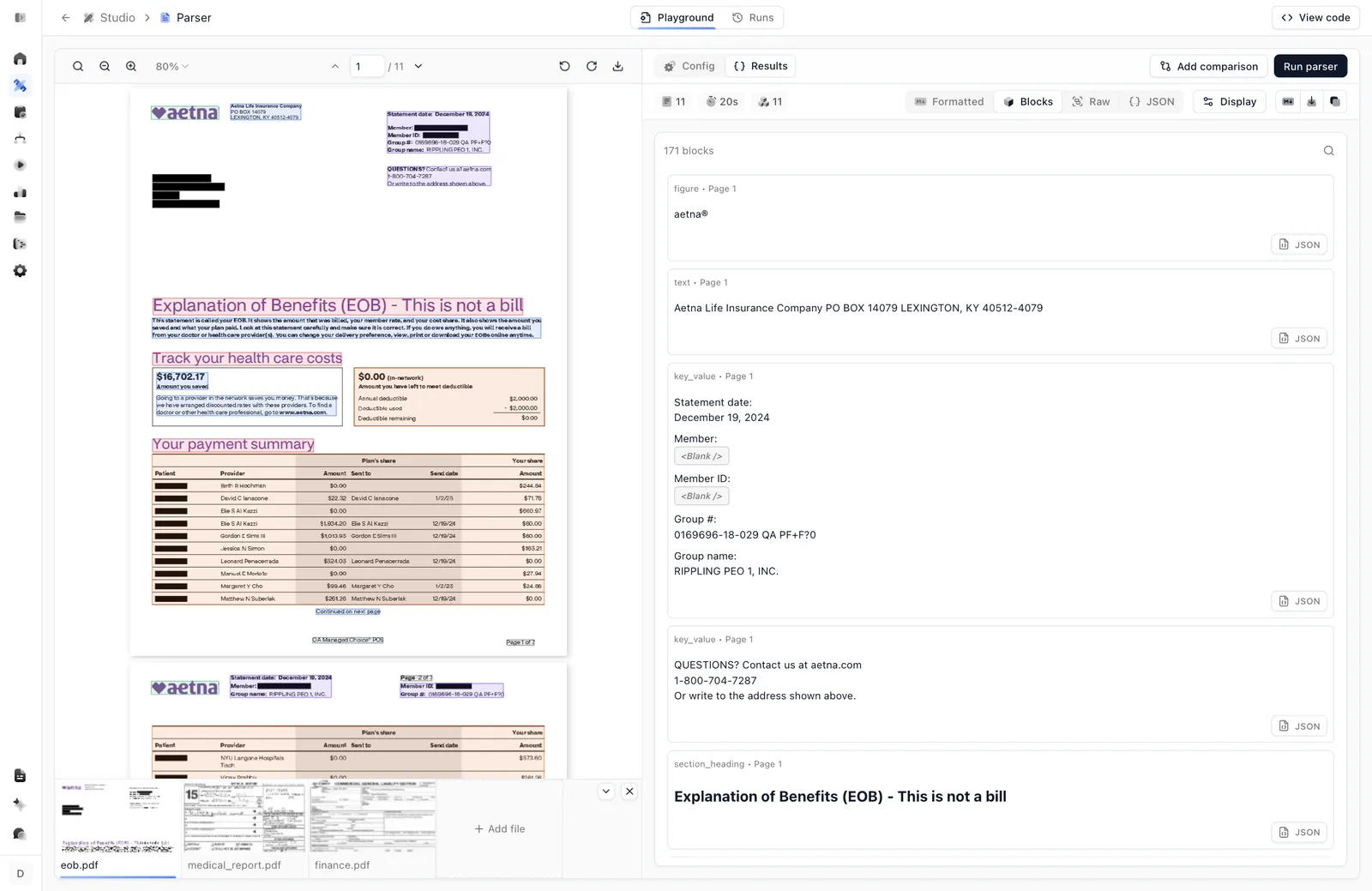 Blocks view listing typed, layout-aware blocks such as figure, text, and key_value with their page numbers