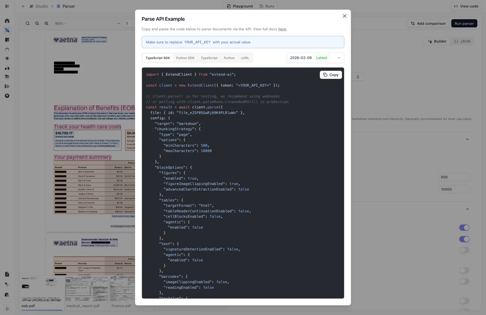 View code modal with TypeScript, Python, and cURL snippets for the parse endpoint
