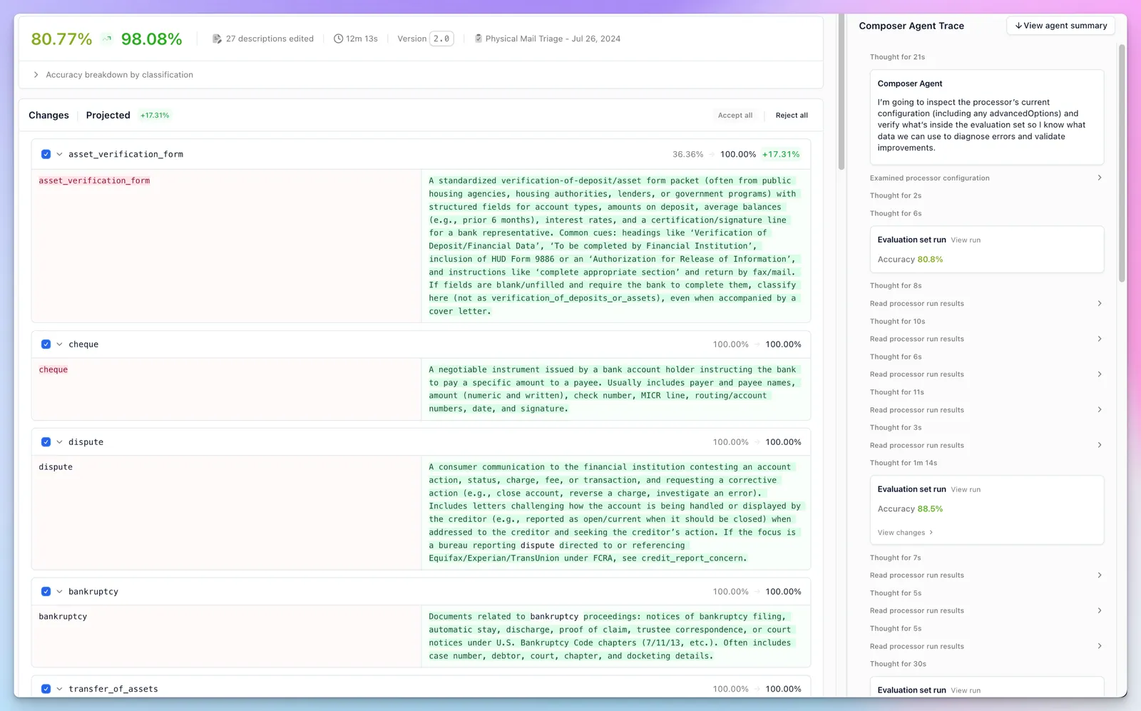 Composer agent results for classify