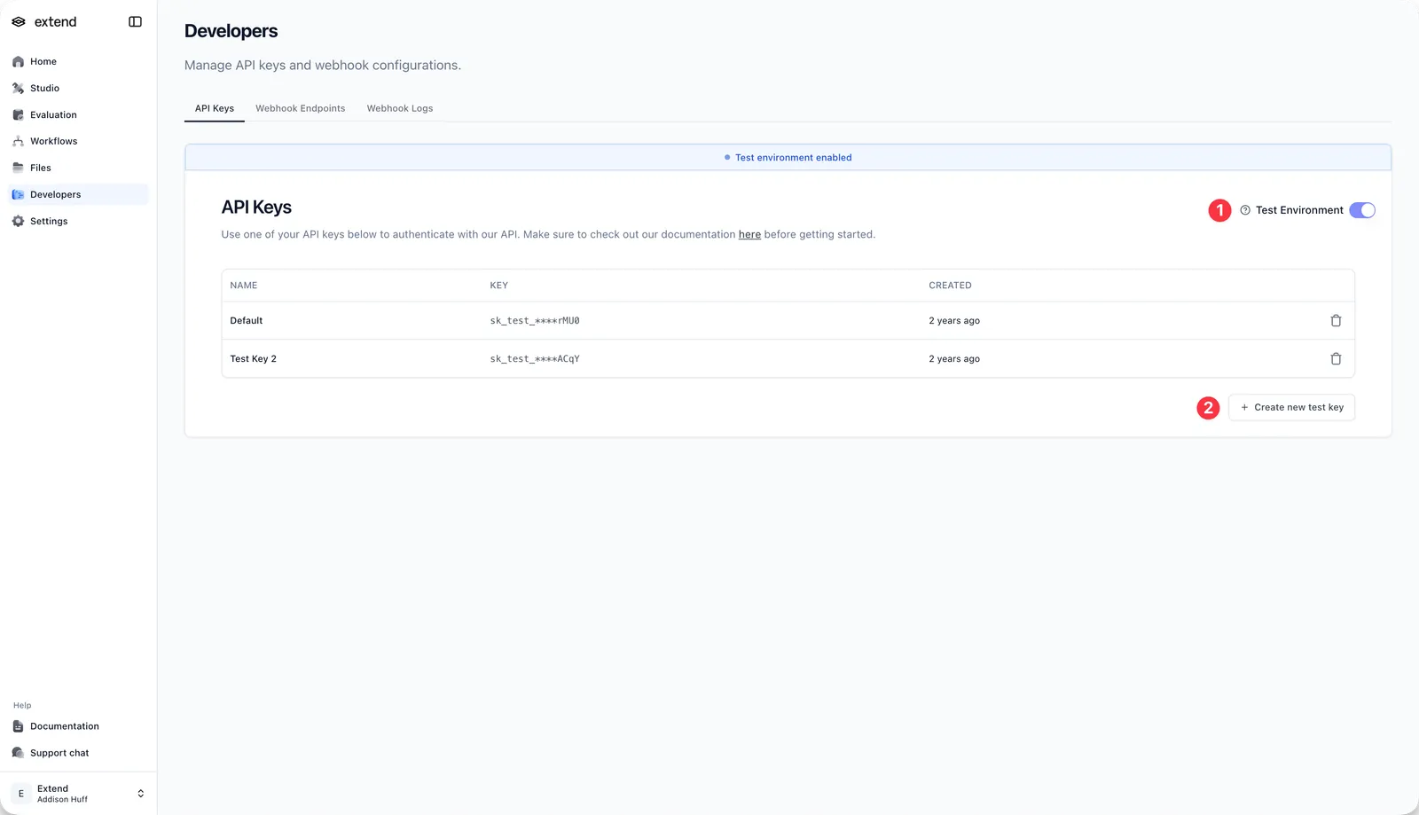 Developers tab in Studio with the Test Environment toggle enabled and a test API key listed