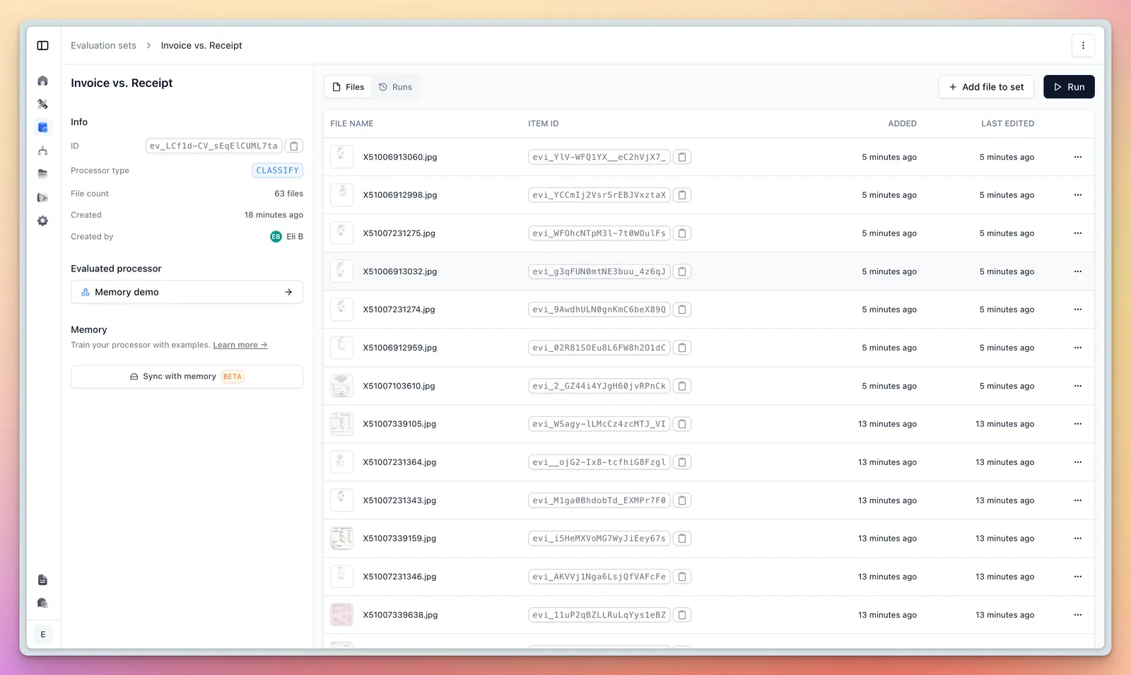 Dialog for syncing memory examples from an evaluation set
