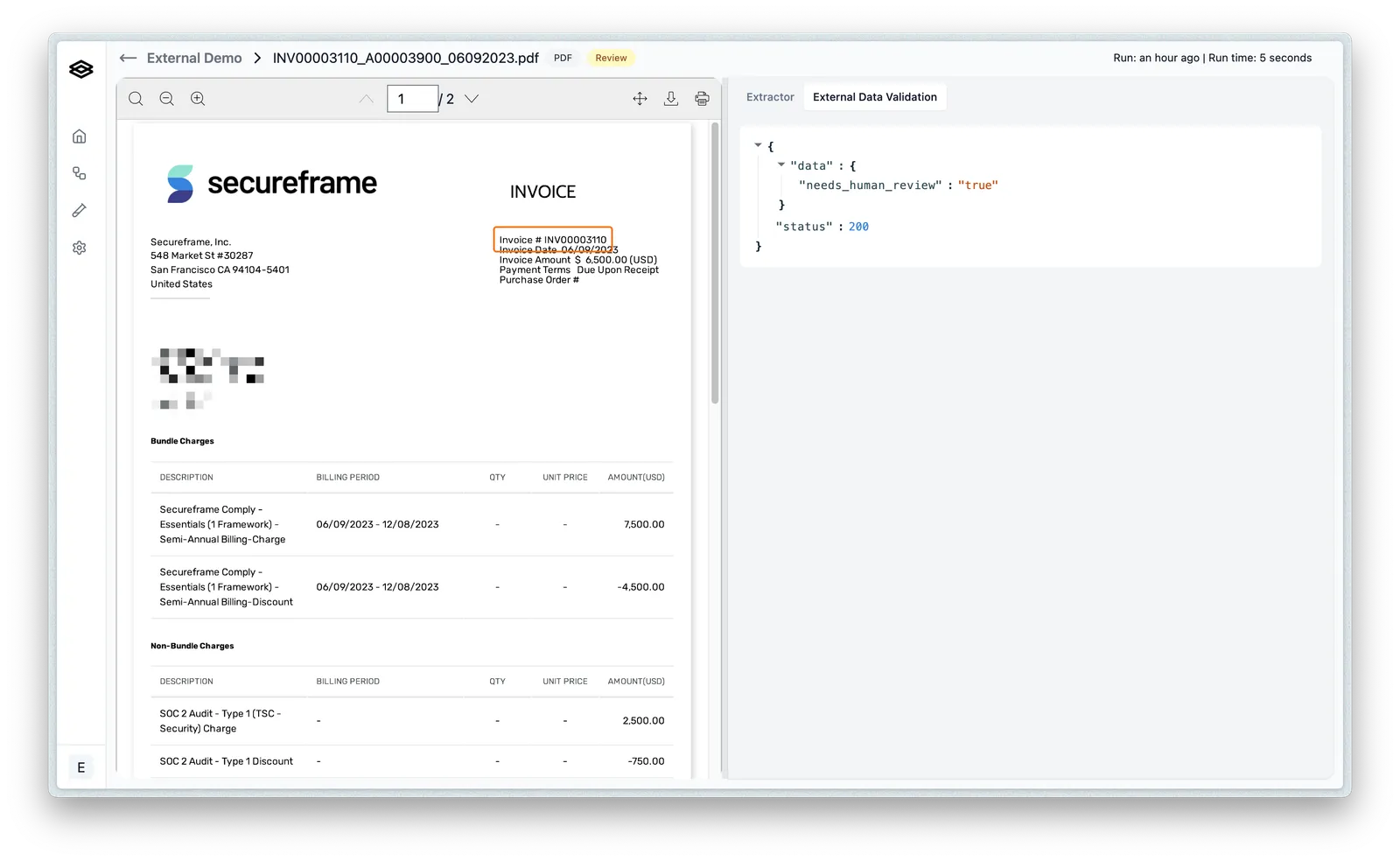 Review UI showing External Data Validation output beside extraction results