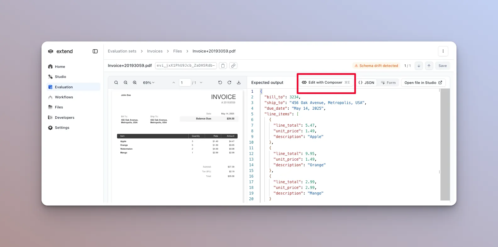 Composer editor panel applying a custom edit to an expected output