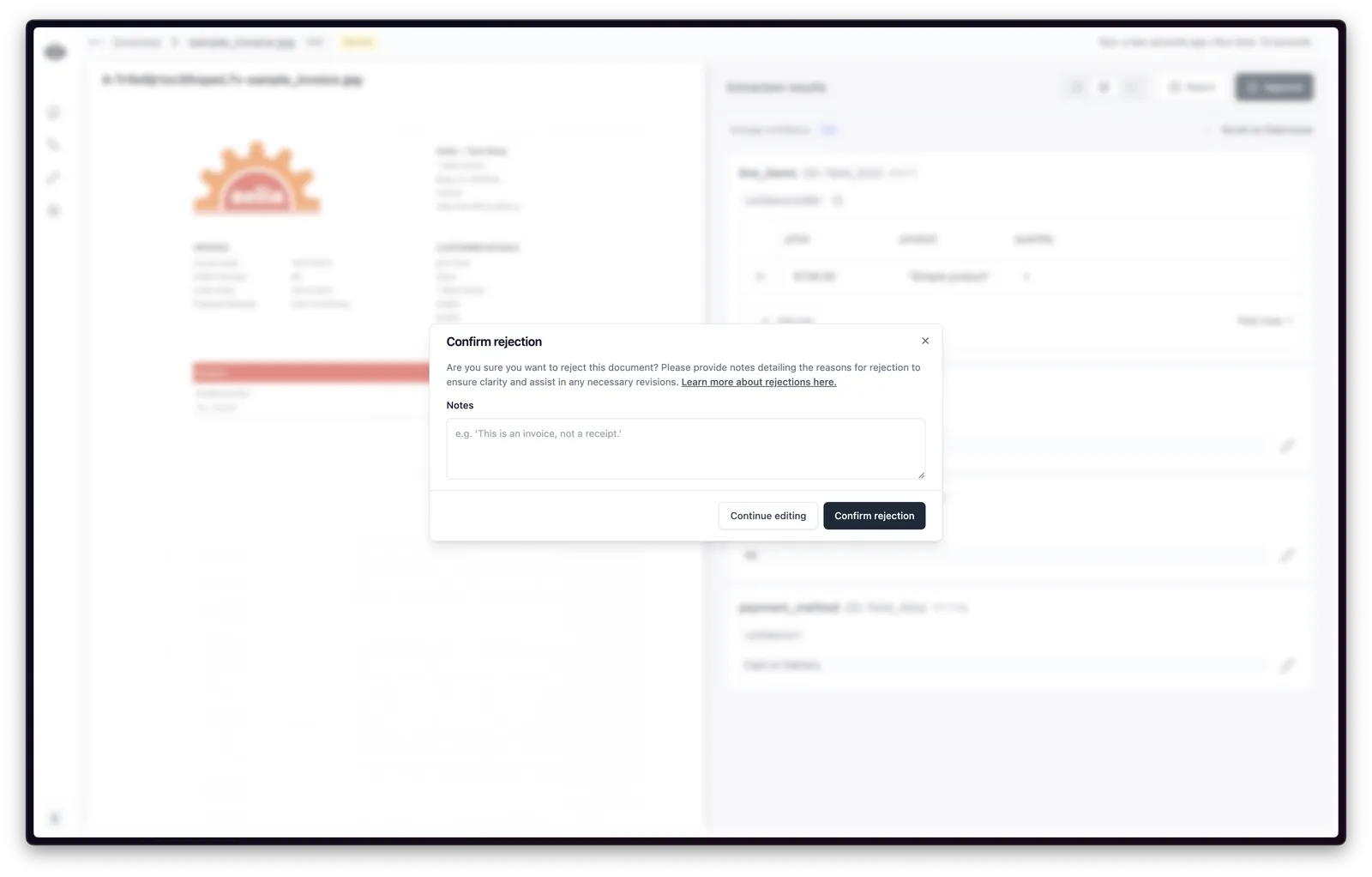 Confirmation dialog for rejecting a workflow run