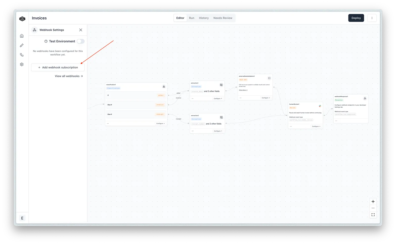 Create subscription button on the webhook endpoint page