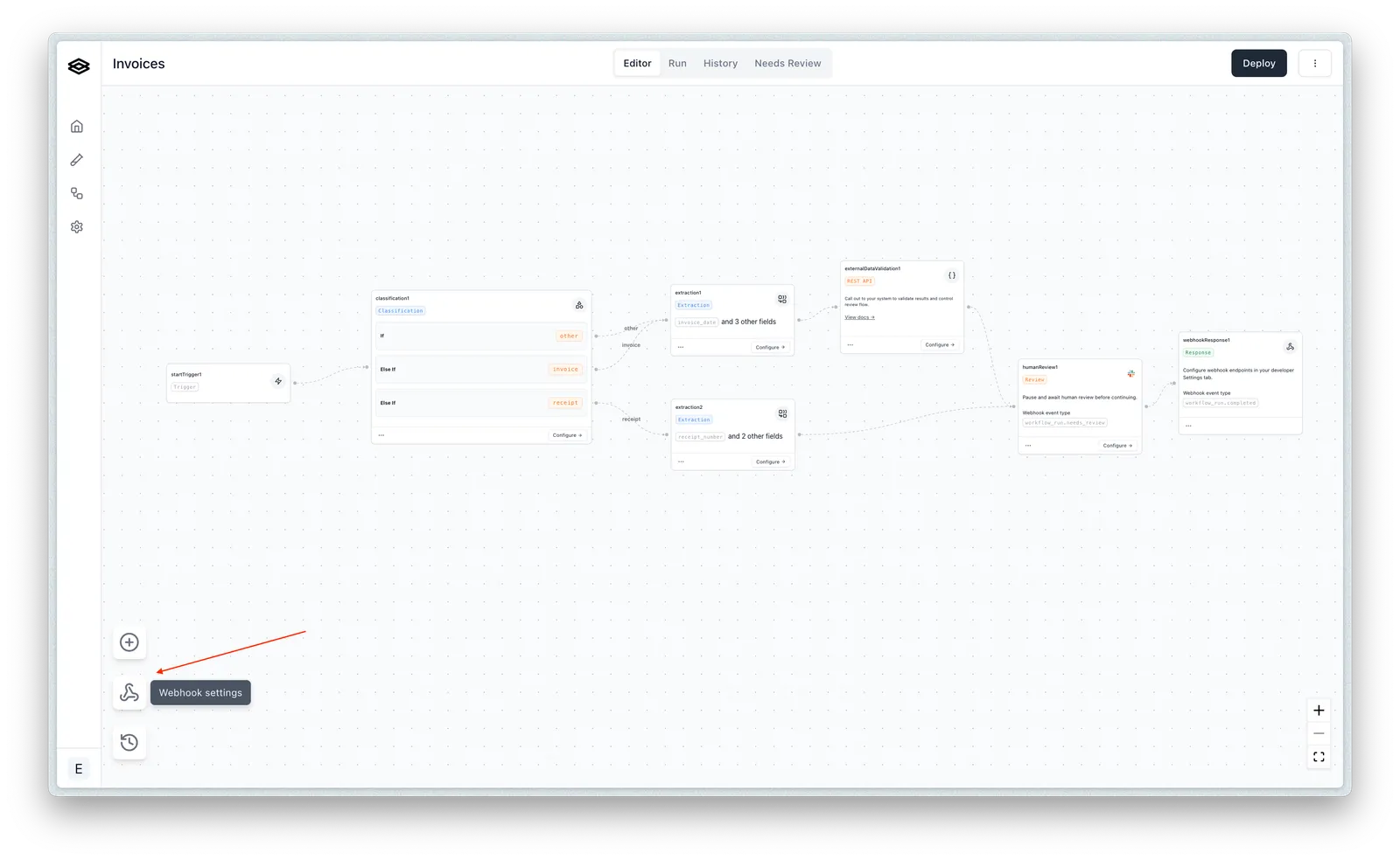 Selecting webhook settings in the dashboard