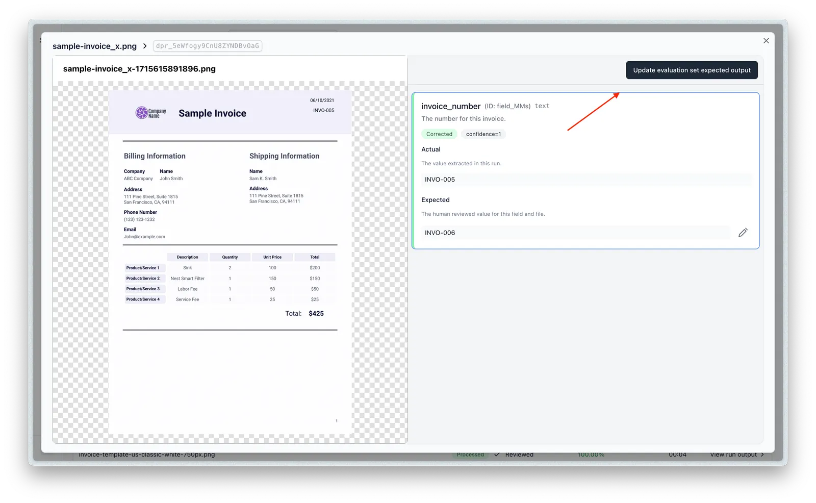Updating an evaluation set item with a corrected expected value