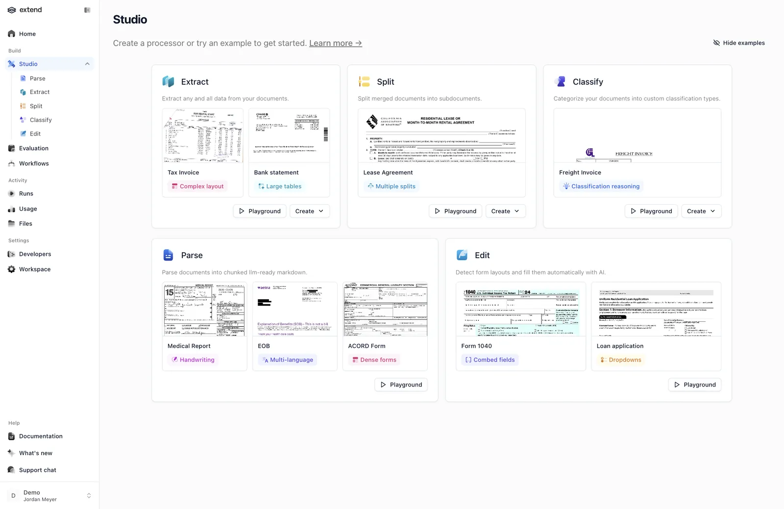 Extend Studio landing page with processor types and example documents