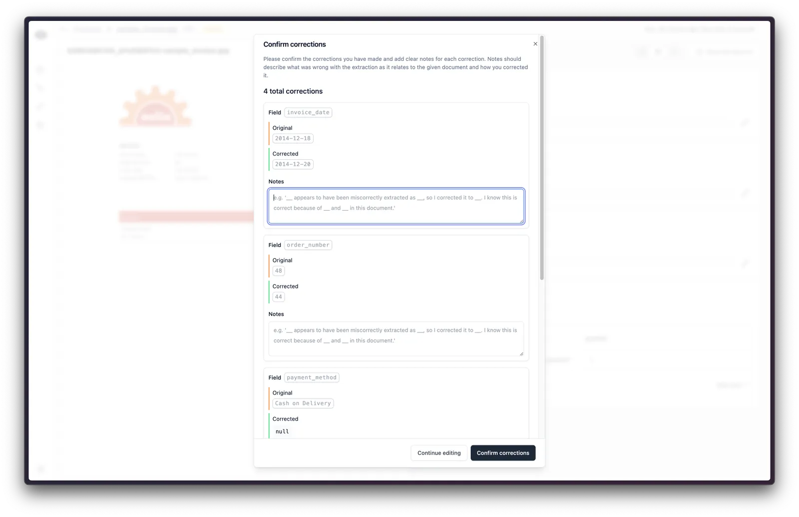 Confirmation dialog for submitting corrections on a workflow run