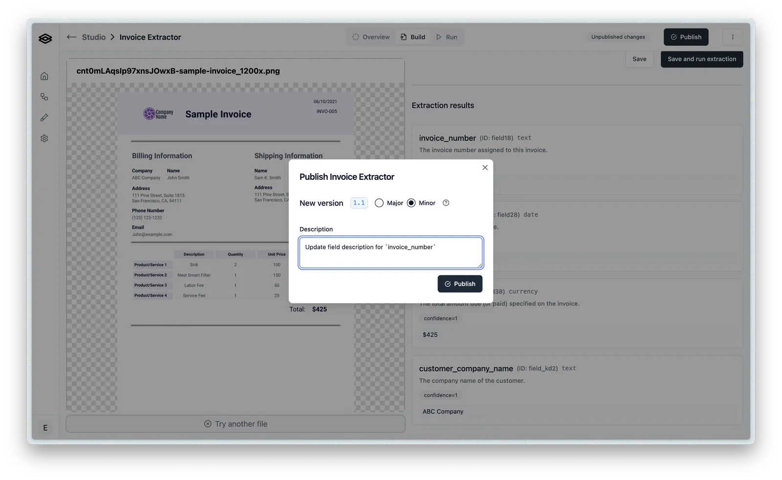 Publish dialog with the Minor release type selected