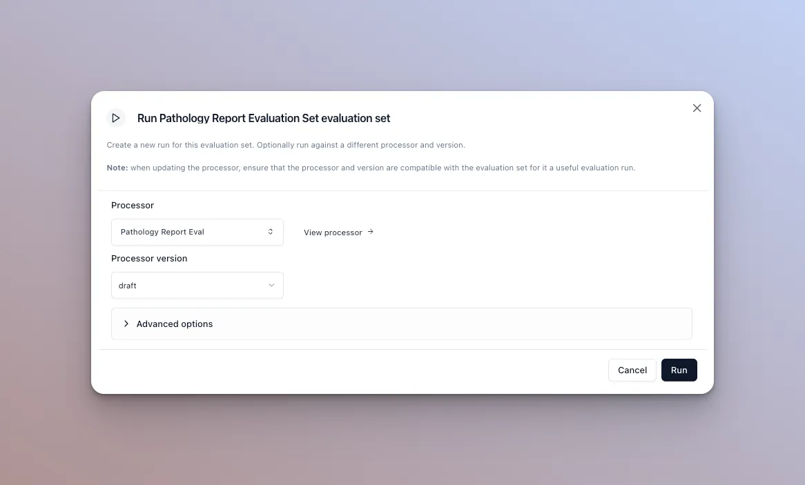 Dialog for configuring and starting an evaluation run
