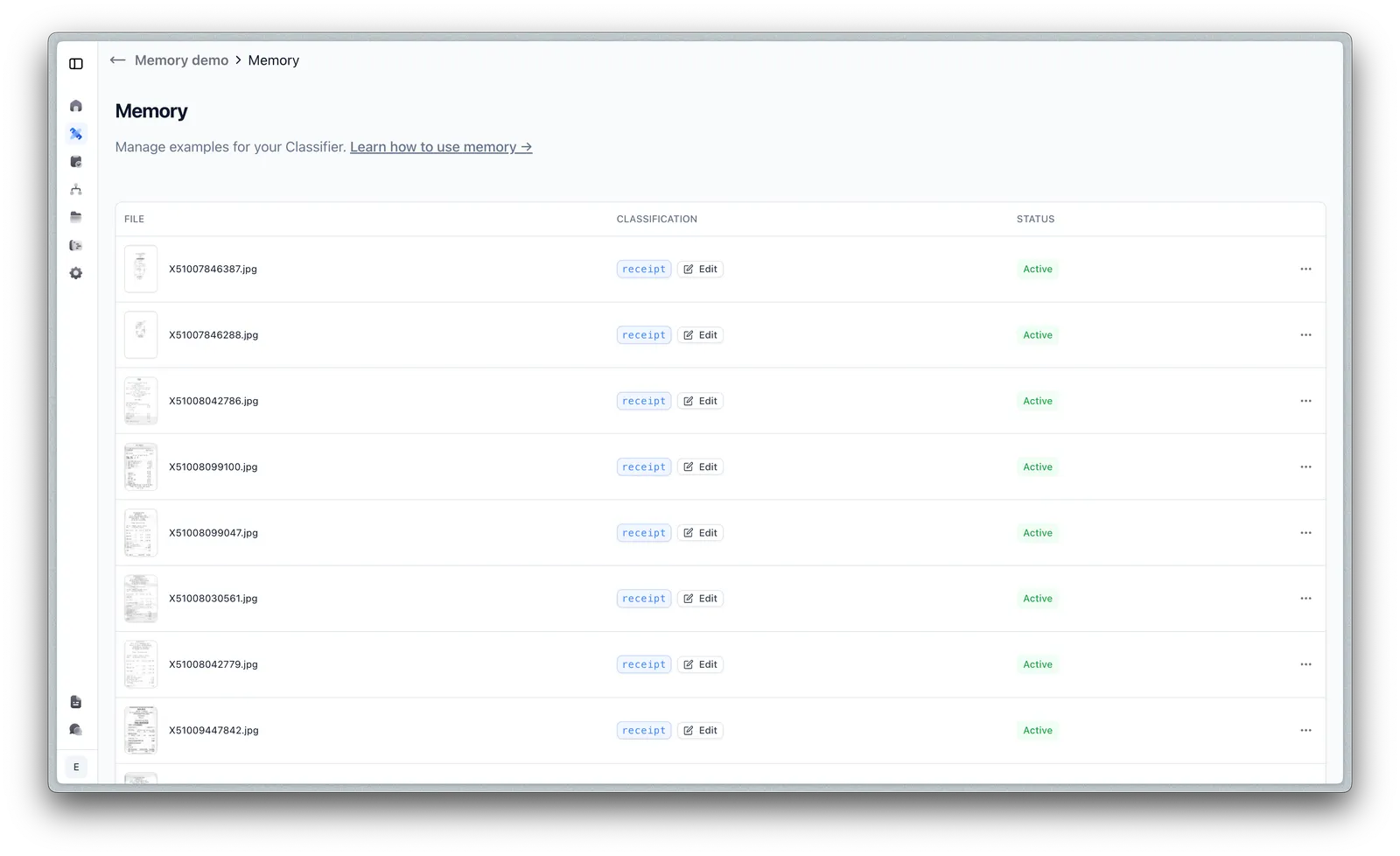 Manage memory view listing stored classification examples