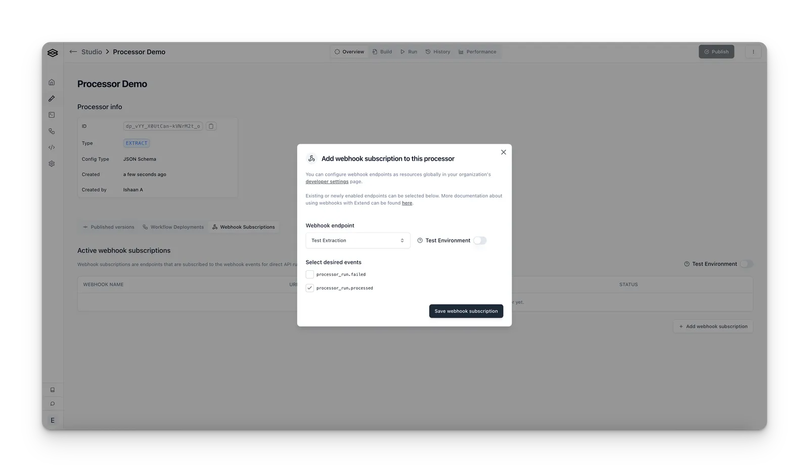 Modal for subscribing a processor to webhook events