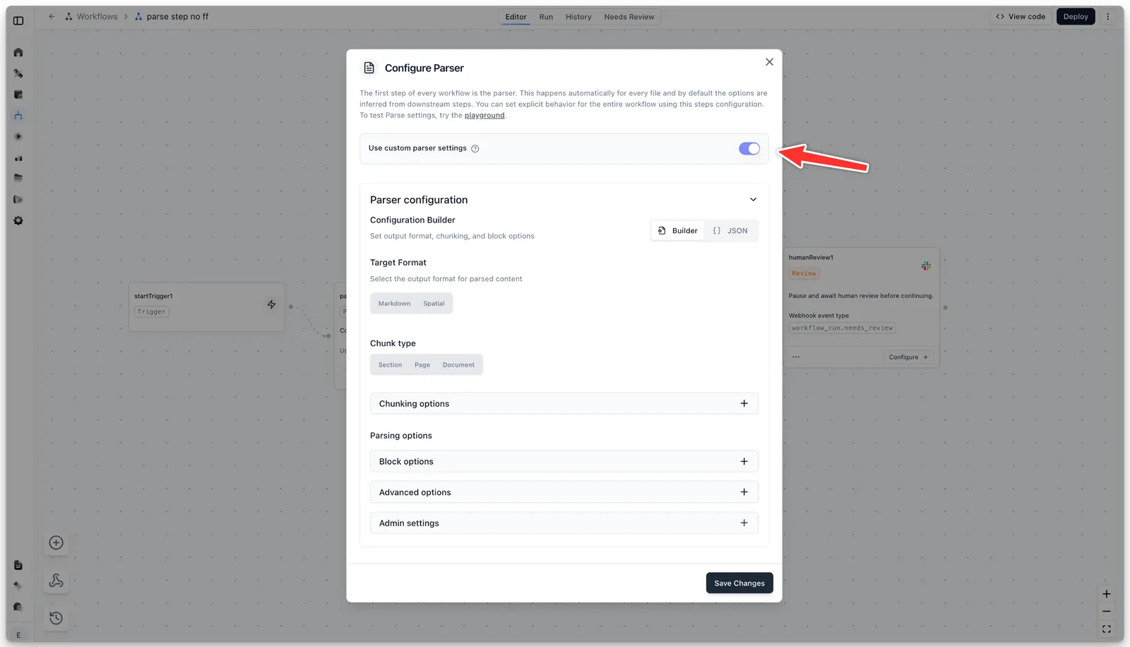 Parse step configuration dialog with the "Use custom parser settings" toggle