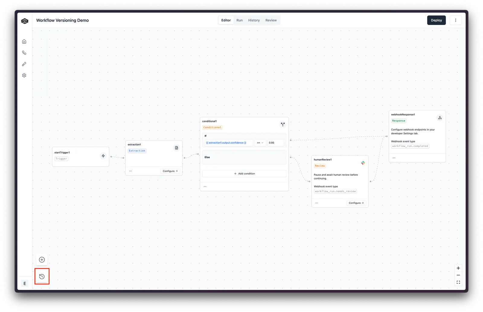 Workflow editor with the "Version history" button highlighted in the lower-left corner