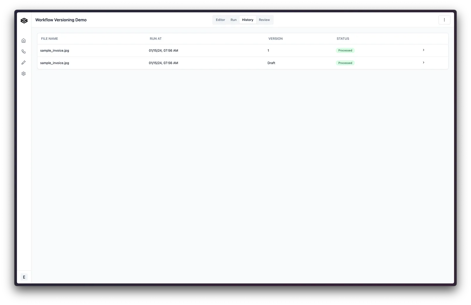 Workflow run history tab listing runs with the workflow version used for each