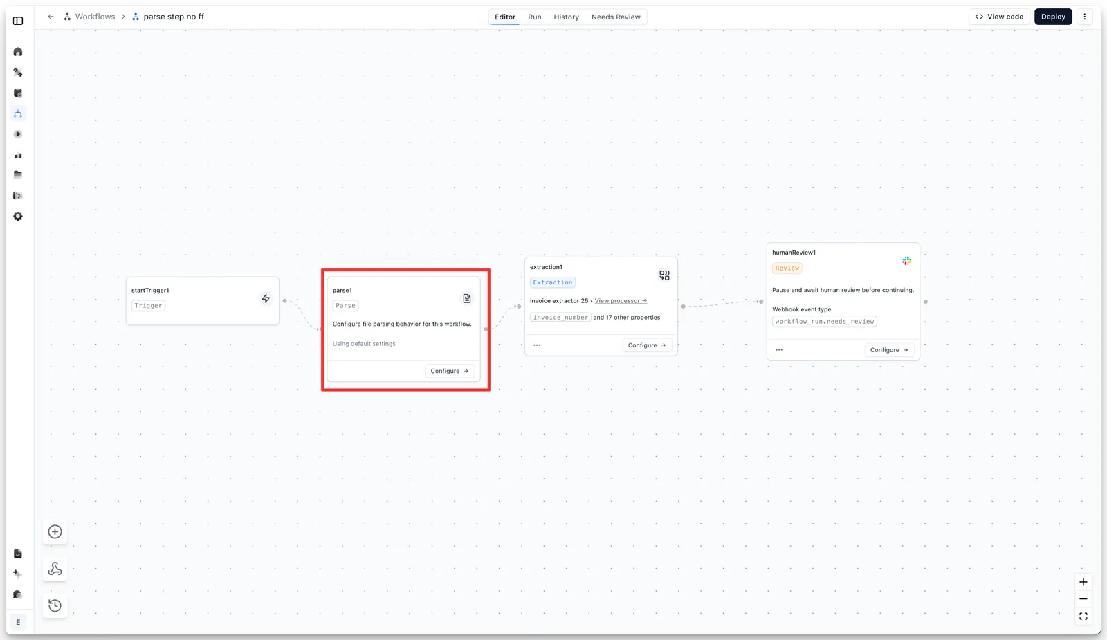Parse step card in the workflow diagram with the Configure button