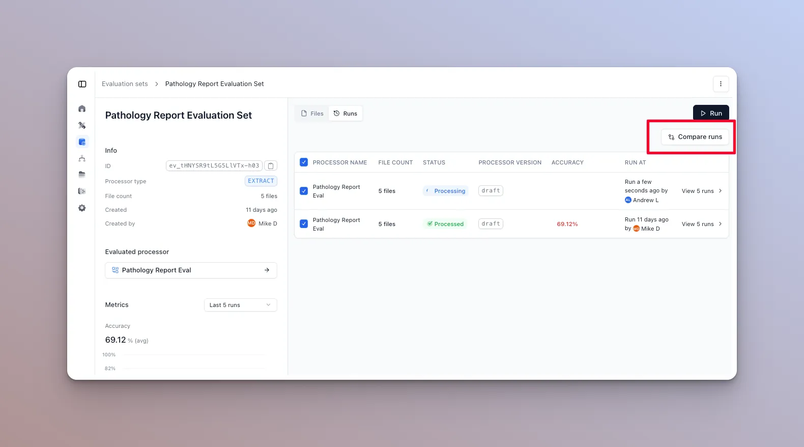 Comparing two evaluation runs side by side