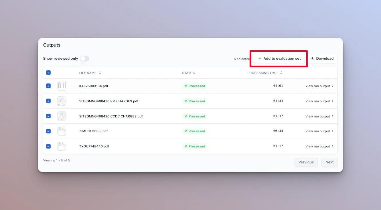 Batch run results page with several documents selected and the "Add to evaluation set" action highlighted