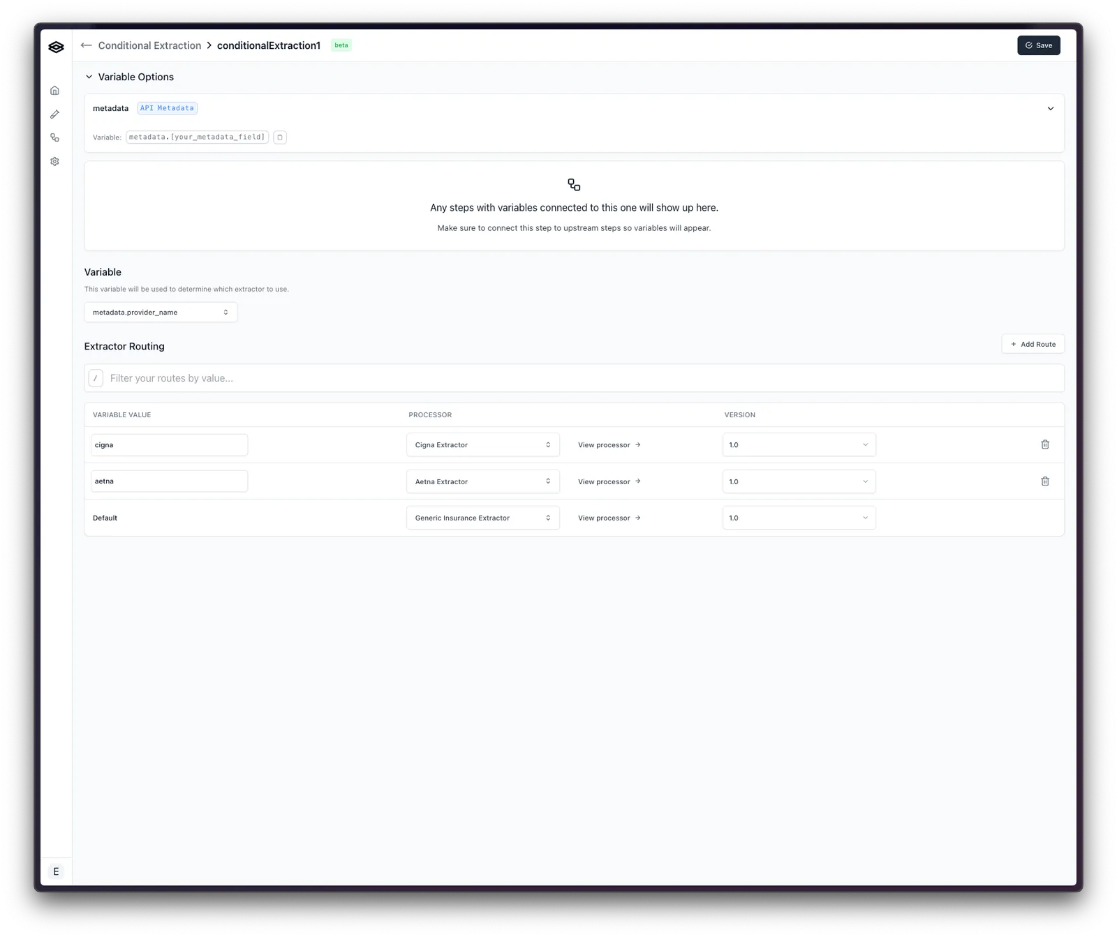 Completed configuration routing on a run metadata value to three extractors