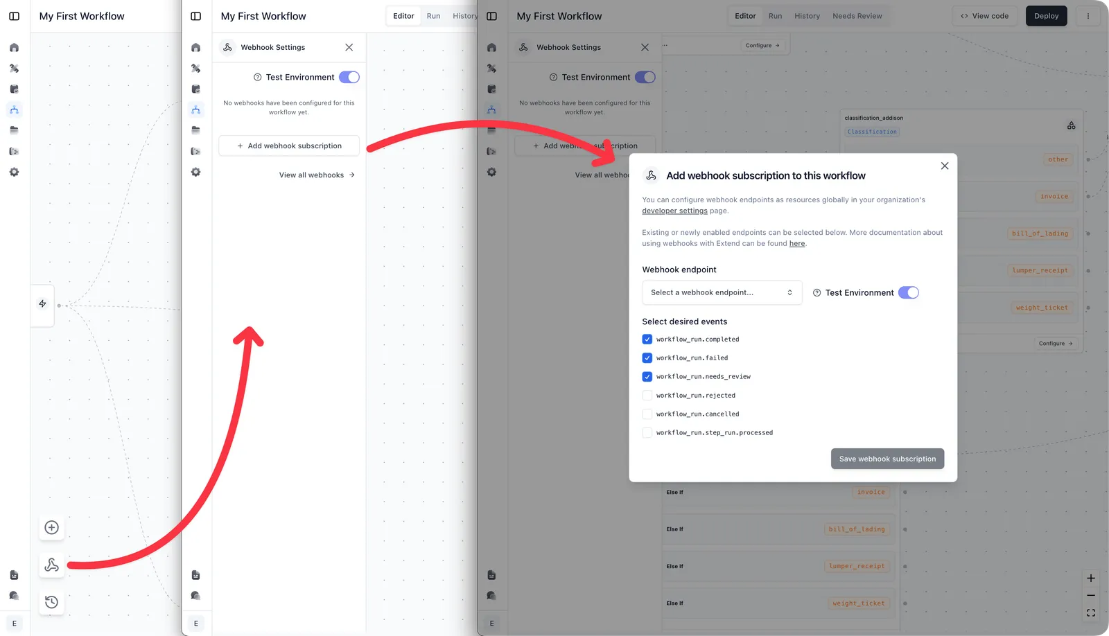 Workflow webhook subscription dialog with a test endpoint selected
