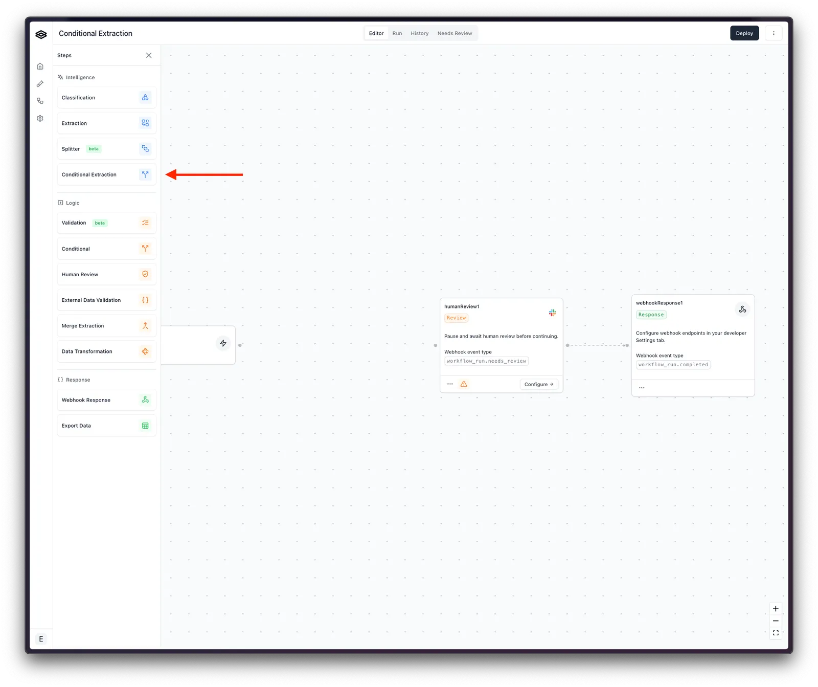 Workflow builder step drawer with the Conditional Extraction step