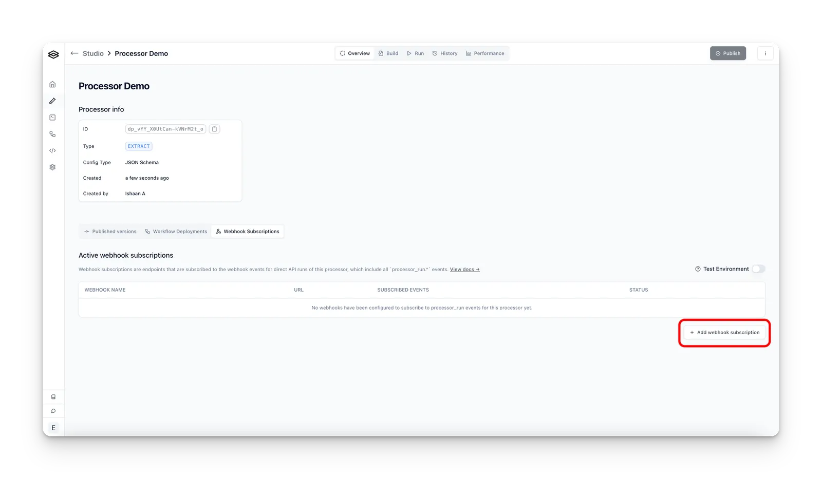 Adding a webhook subscription from a processor page