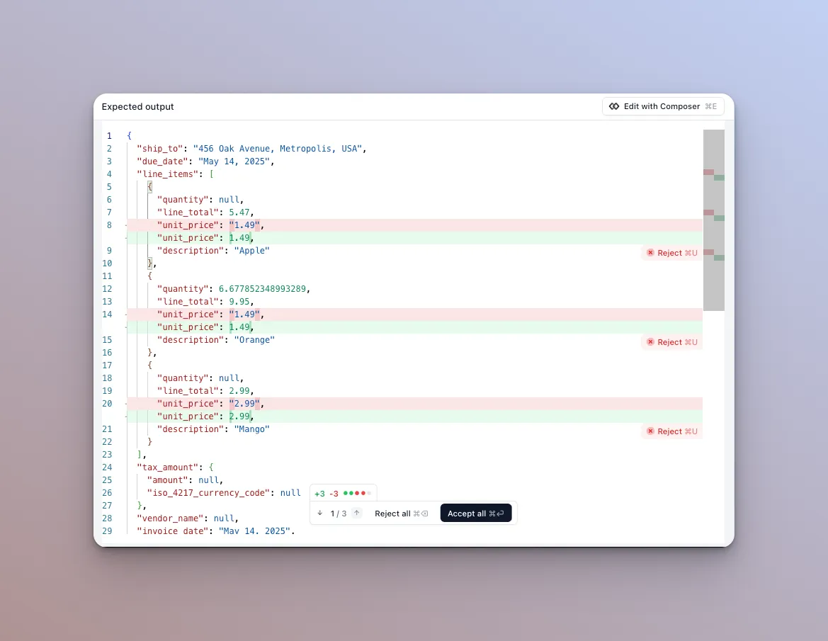 Diff of proposed expected-output changes with accept and reject controls