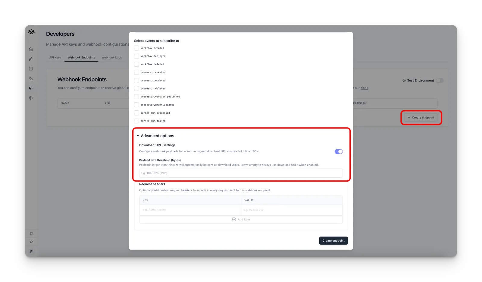 Webhook settings for including file download URLs in payloads