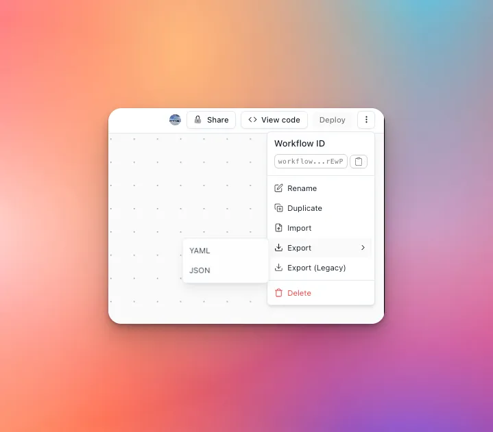 Workflow menu showing the Export options for YAML and JSON files