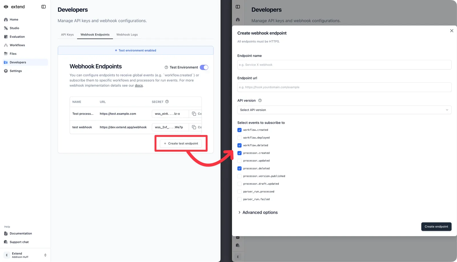 Webhook endpoint configuration in Studio showing a test-mode endpoint