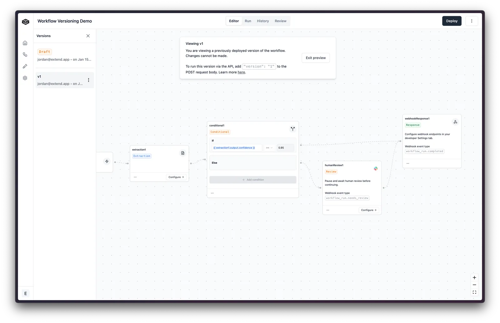 Workflow editor showing deployed version 1 in read-only mode