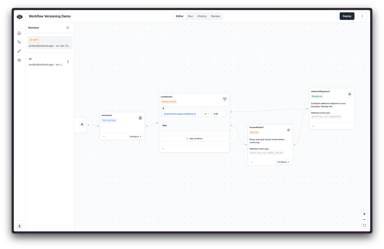 Version history side panel showing the Draft above a separator and deployed versions below it