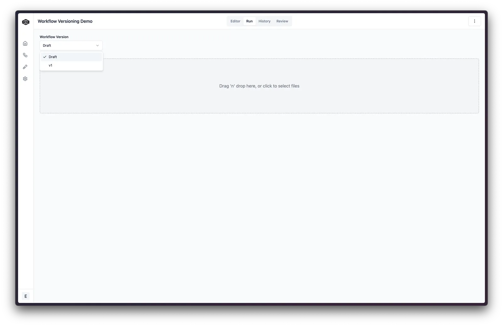 Workflow runner with the version dropdown for choosing which version to run