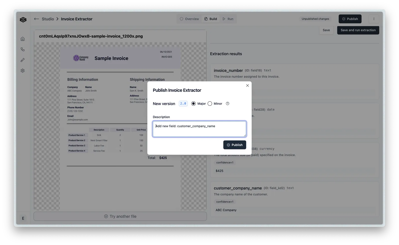 Publish dialog with the Major release type selected