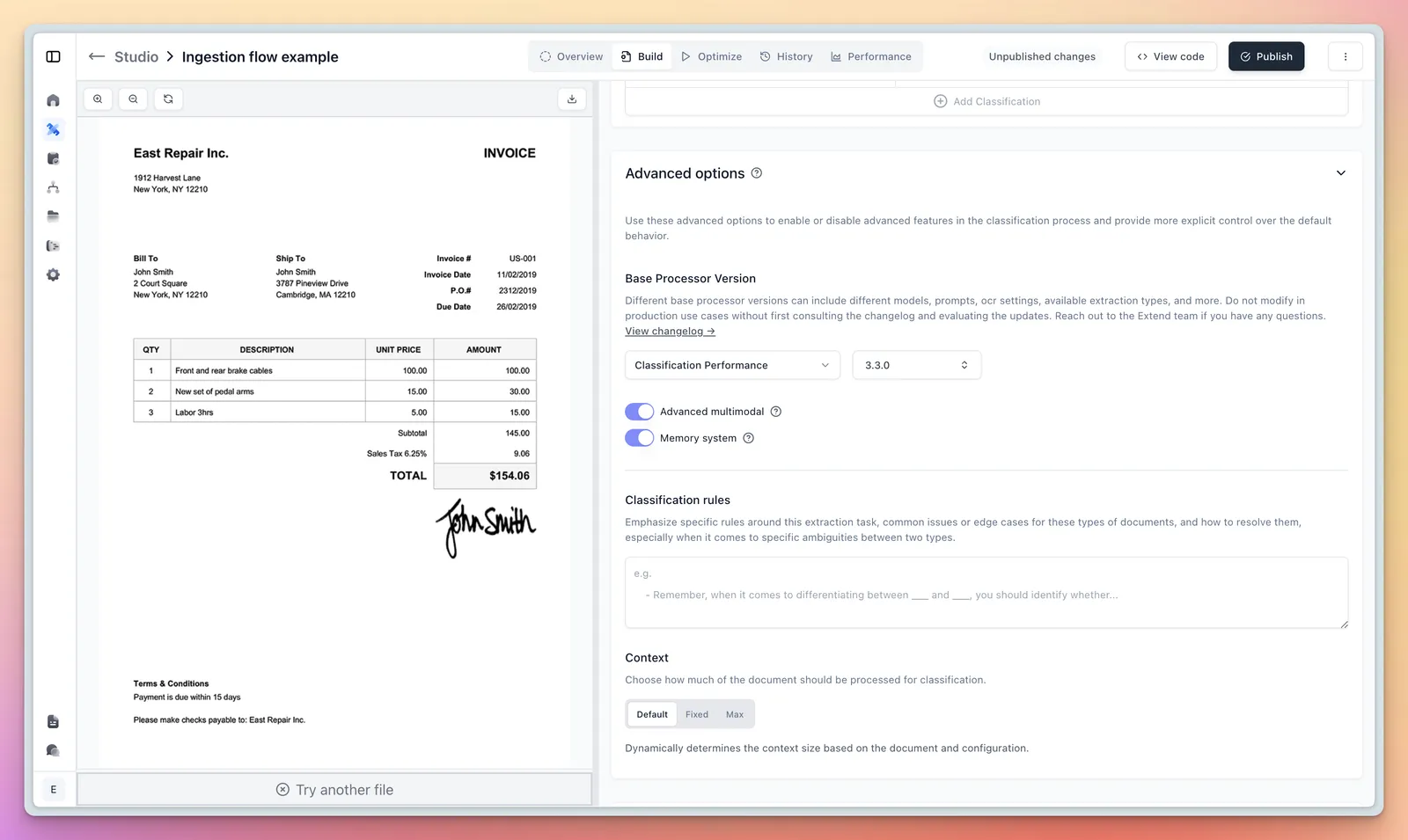 Classifier advanced options with the Memory system toggle enabled
