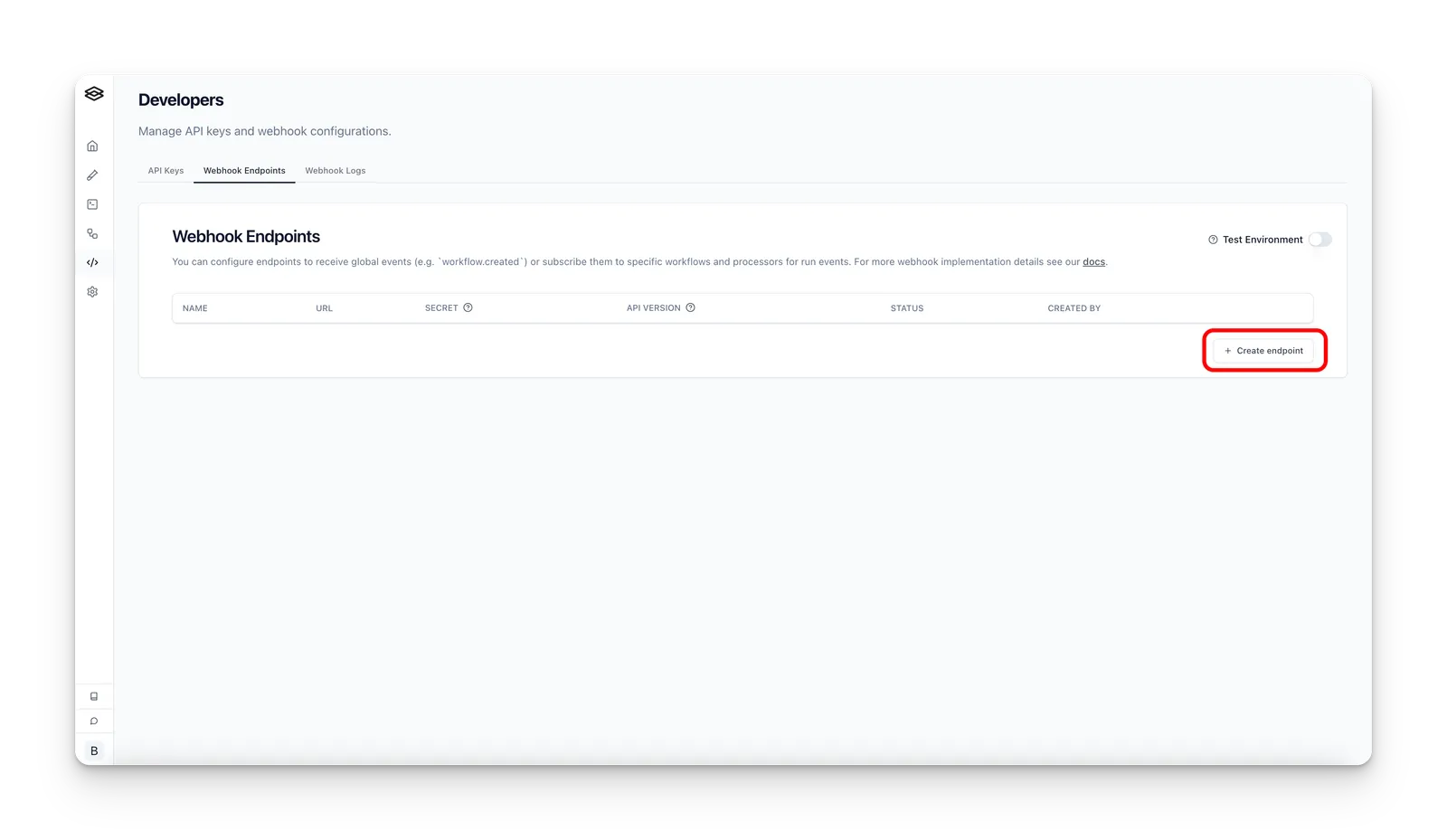 Webhooks settings page with the create endpoint button