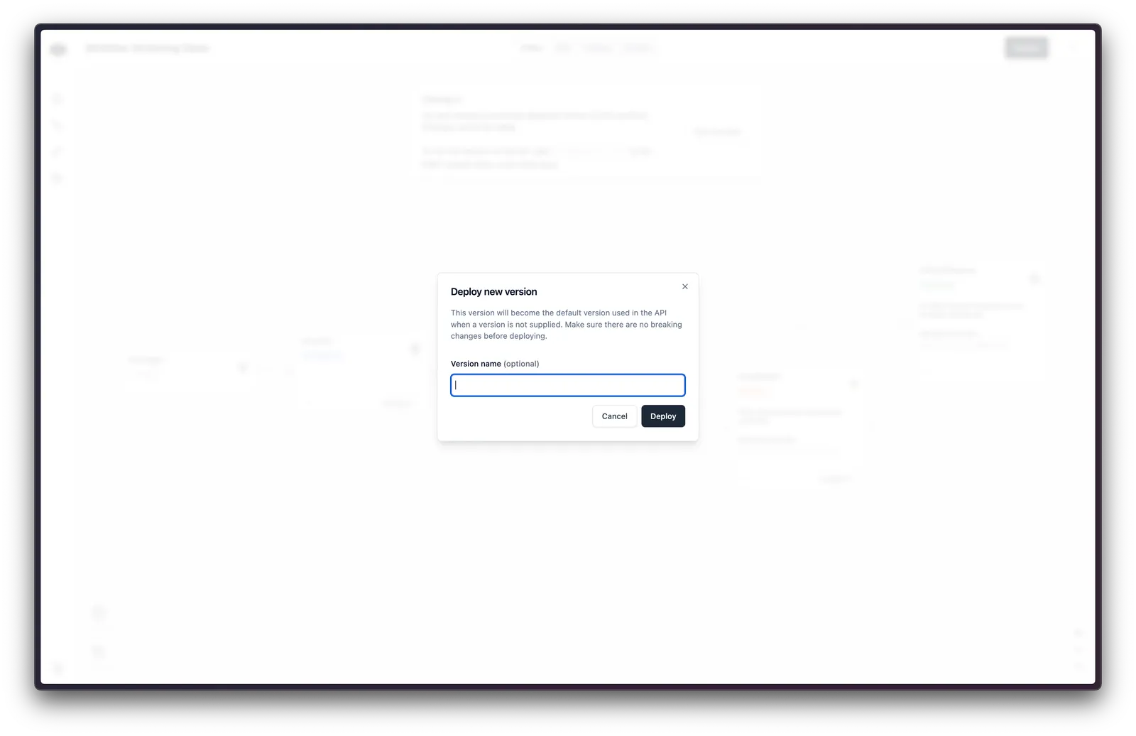 Deploy dialog for publishing the current draft as a new workflow version