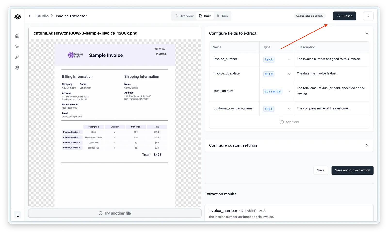 Extractor page in Studio with the Publish button and the "Unpublished changes" indicator