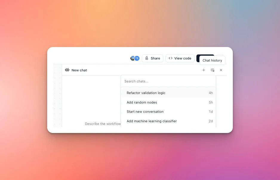 Composer chat history menu showing searchable saved conversations and their last activity times