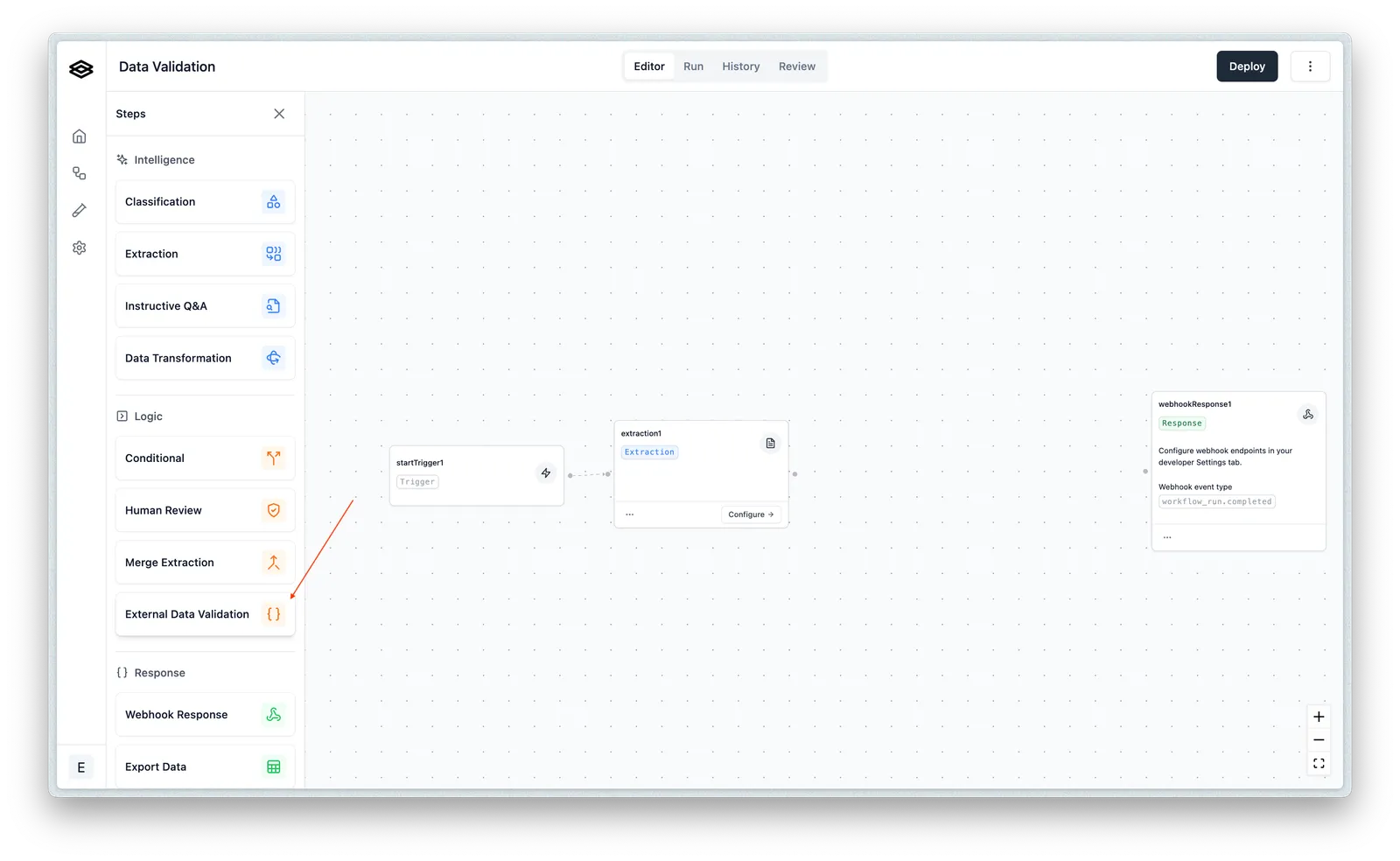 Workflow builder step drawer with the External Data Validation step